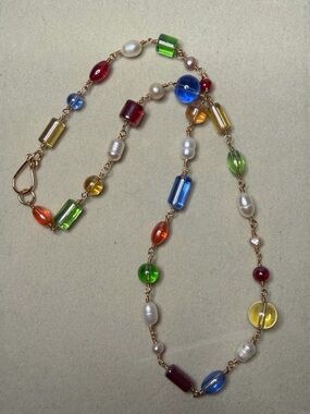 Multicolor Glass Bead and Pearl Station Necklace by Thea Sophia Design